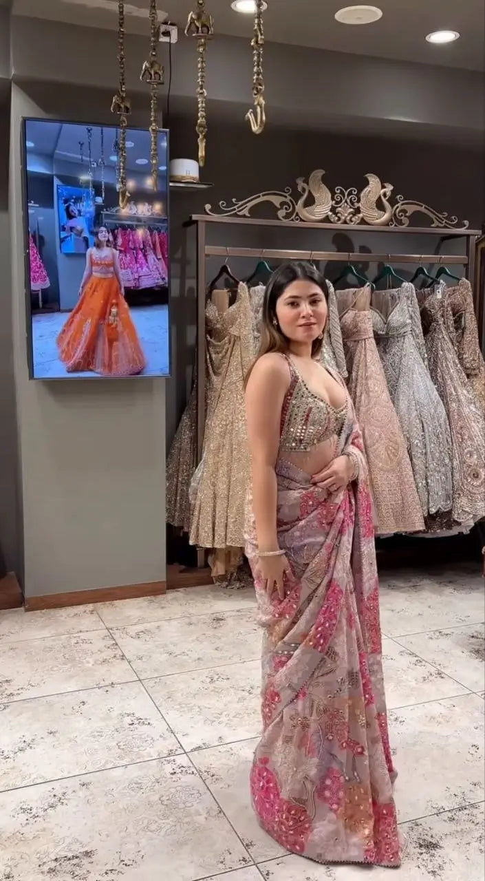 Orgenza Mirror Floral Printed sequence embroidery Saree