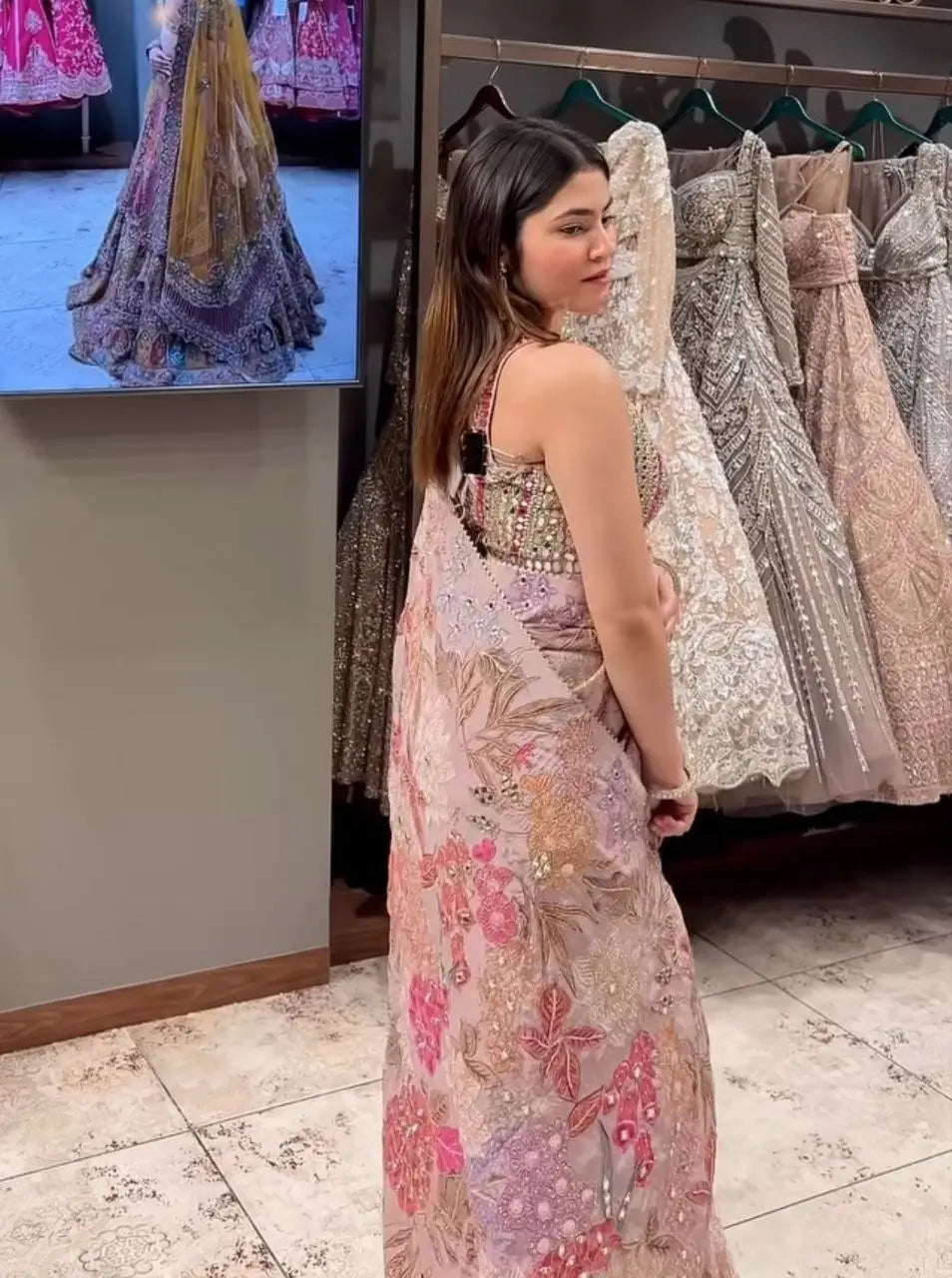 Orgenza Mirror Floral Printed sequence embroidery Saree