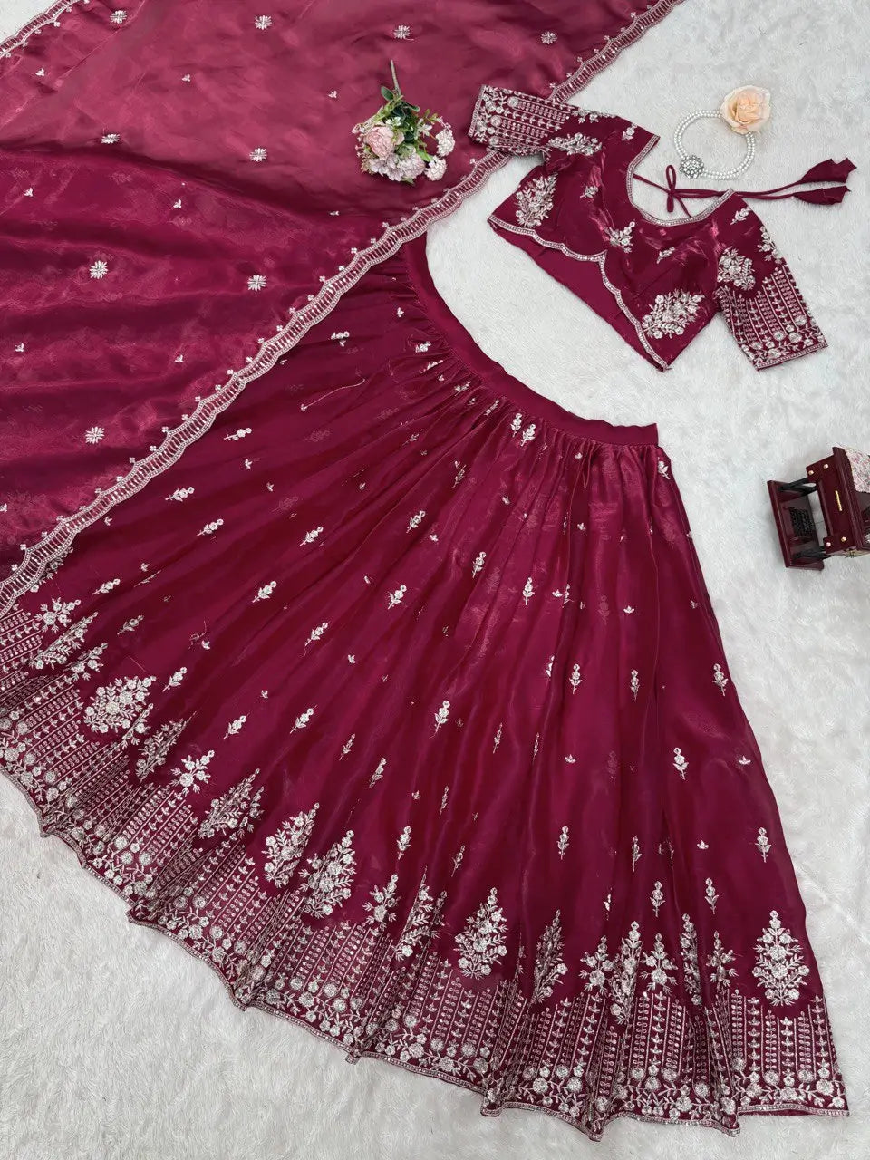 Orgenza Silk Embroidered Lehenga Set with Dupatta