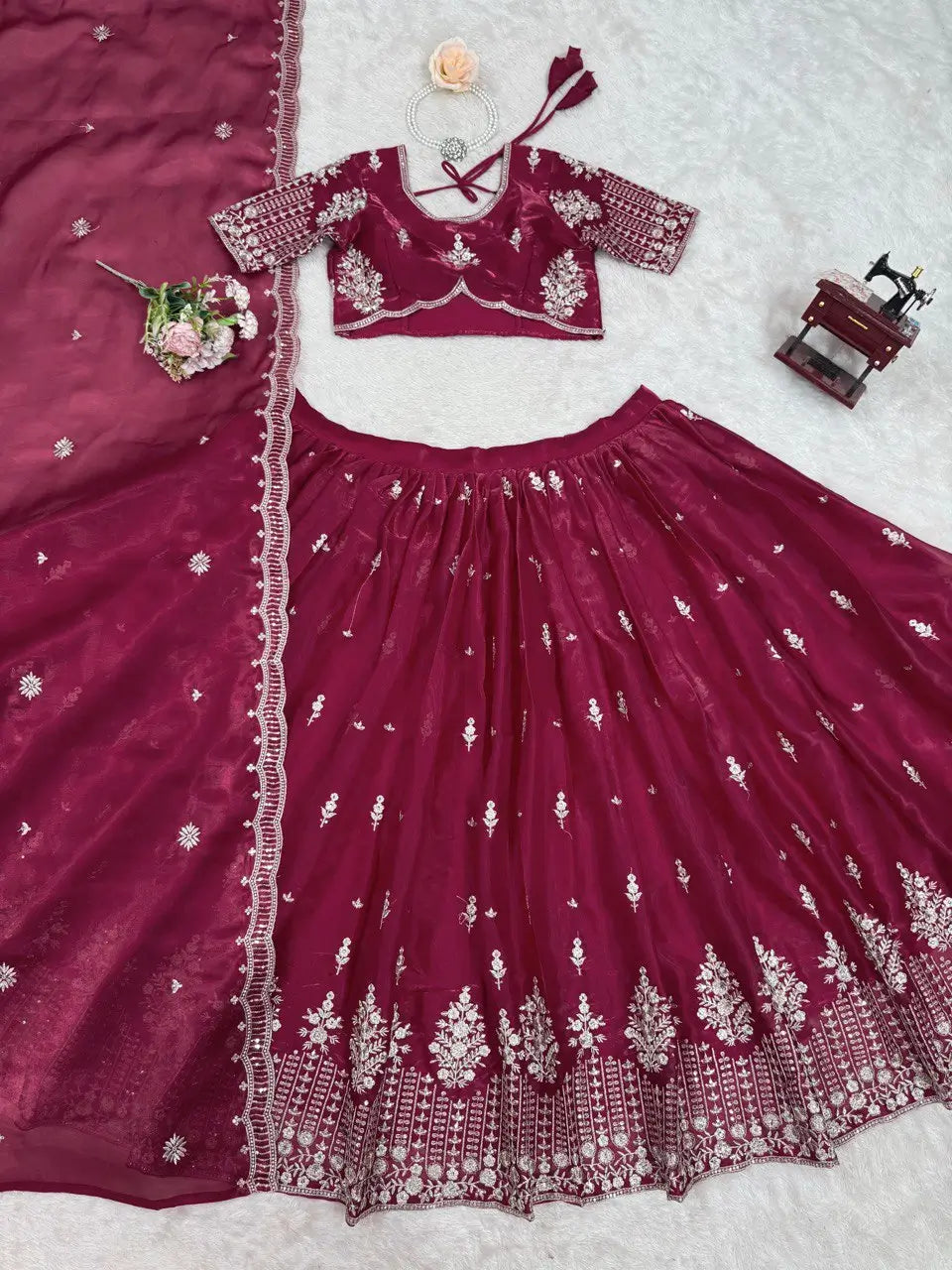 Orgenza Silk Embroidered Lehenga Set with Dupatta