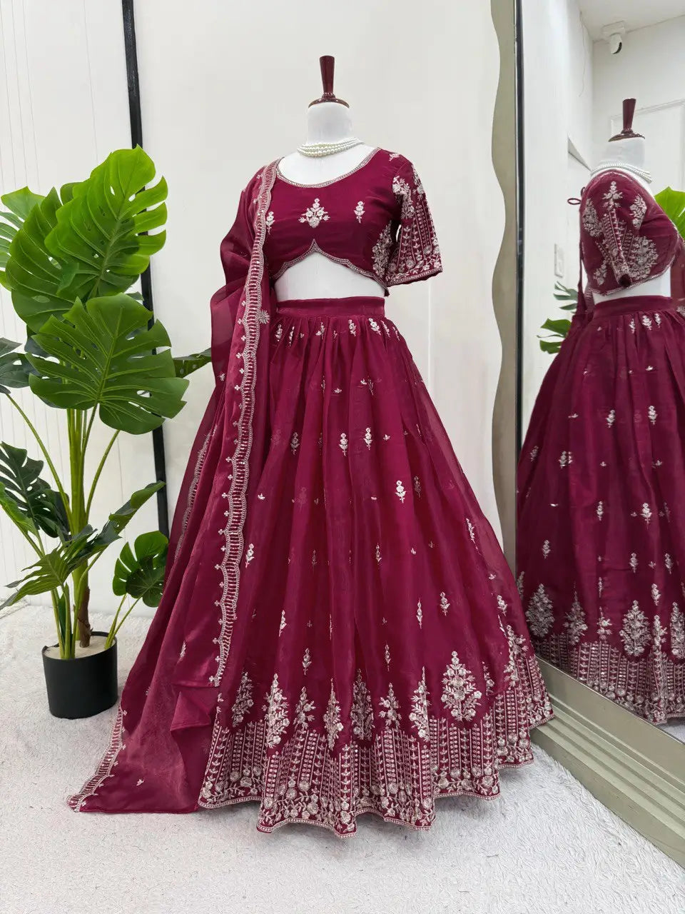 Orgenza Silk Embroidered Lehenga Set with Dupatta