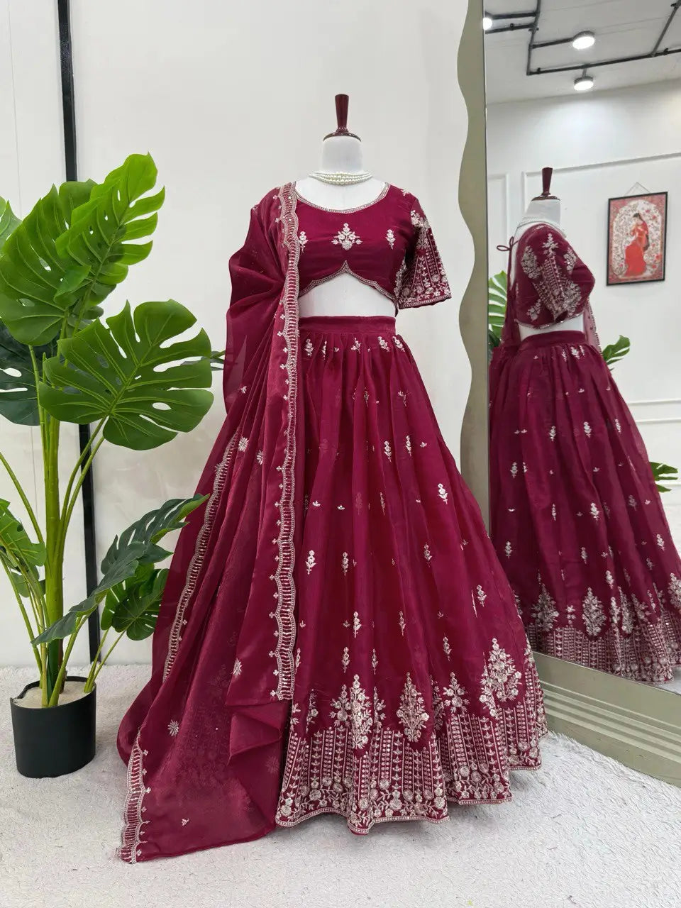 Orgenza Silk Embroidered Lehenga Set with Dupatta