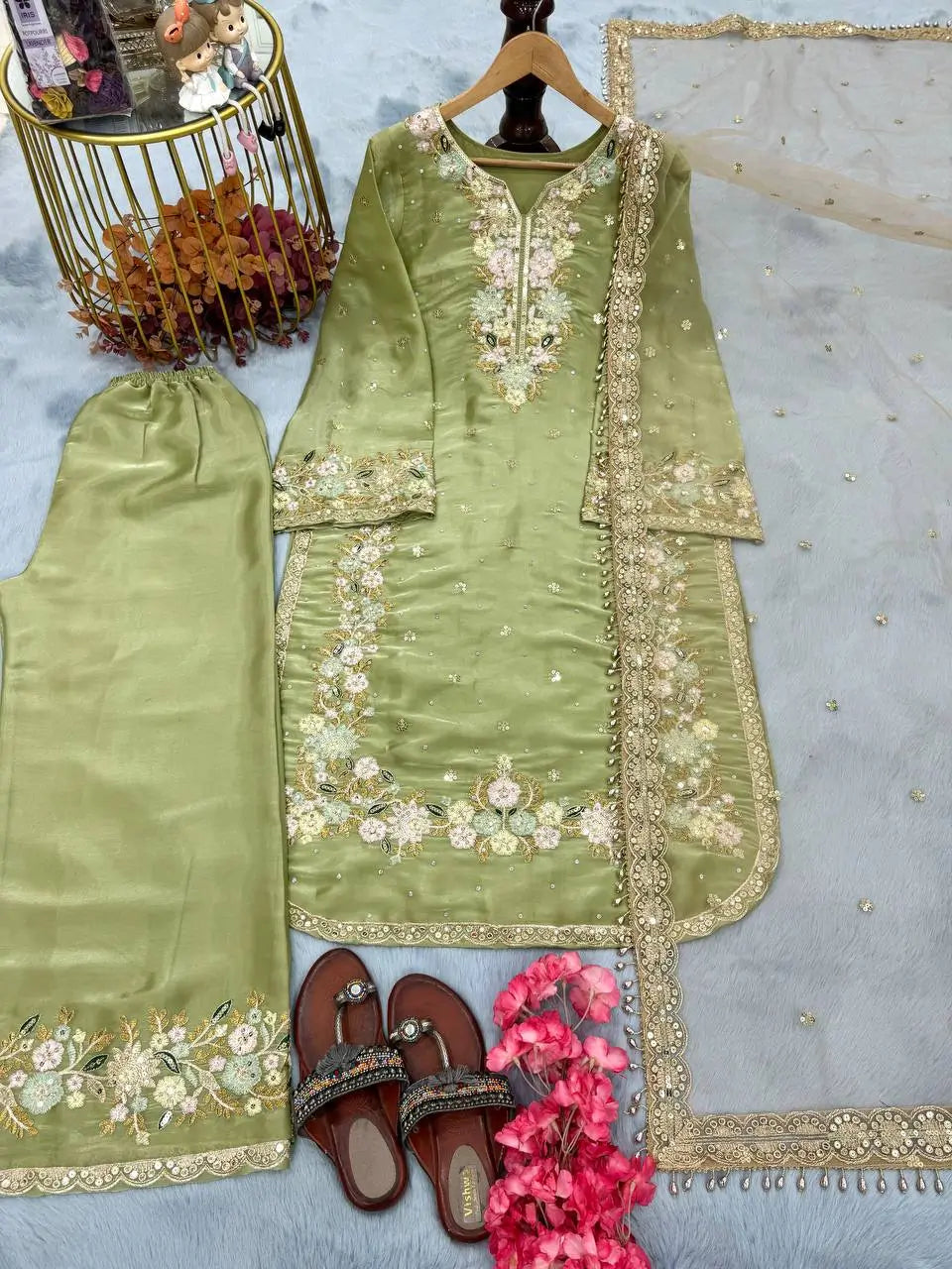 Orgenza silk Embroidered Palazzo Set with Diamond & Moti Handwork