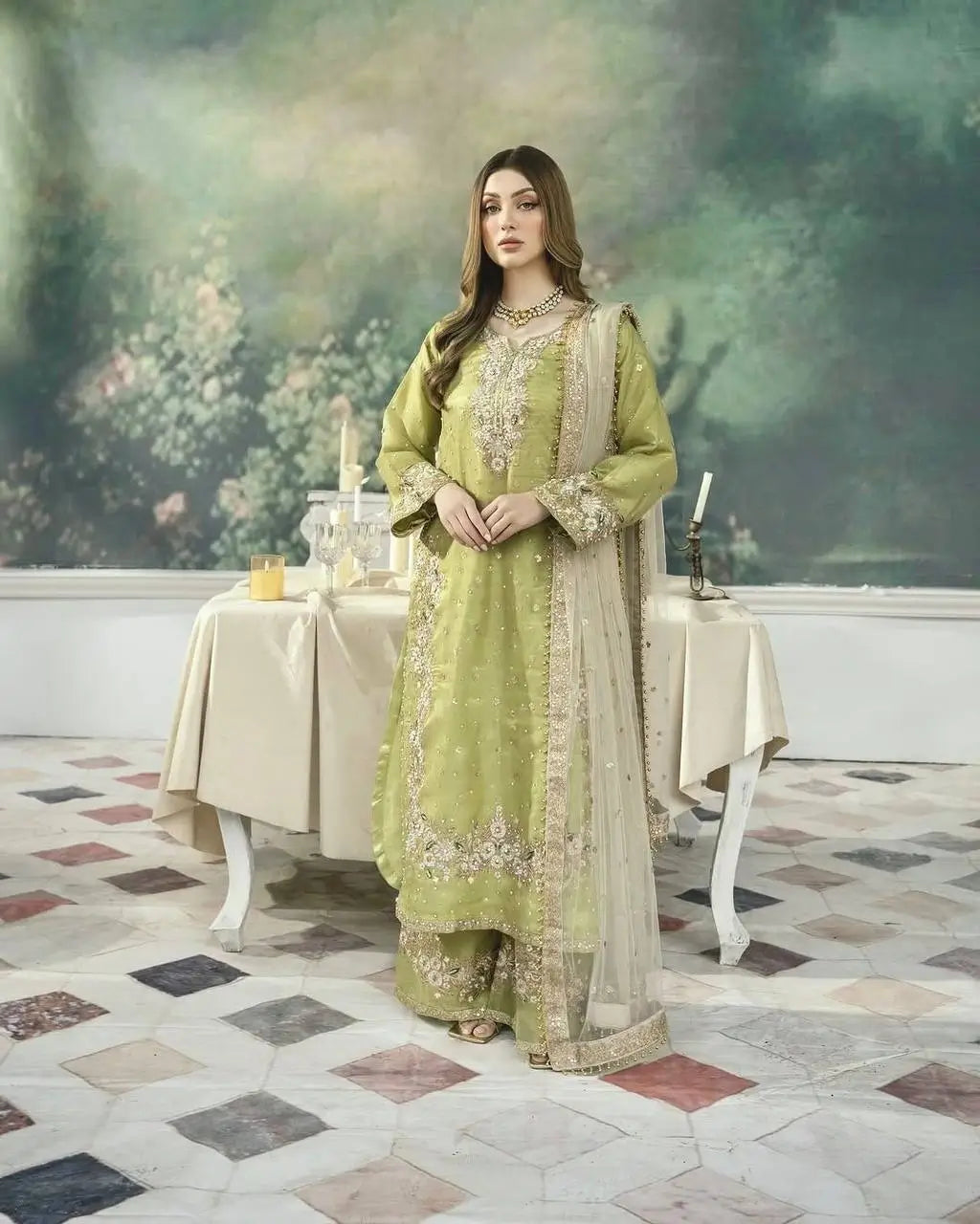 Orgenza silk Embroidered Palazzo Set with Diamond & Moti Handwork