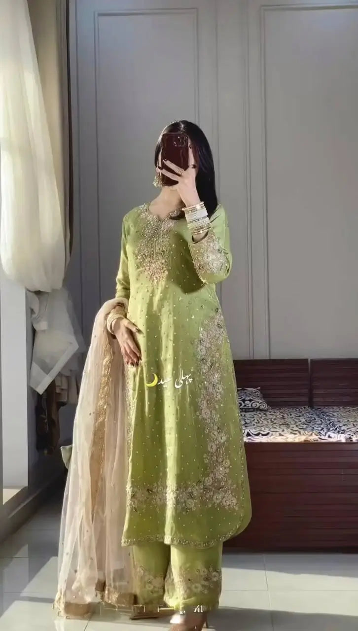 Orgenza silk Embroidered Palazzo Set with Diamond & Moti Handwork