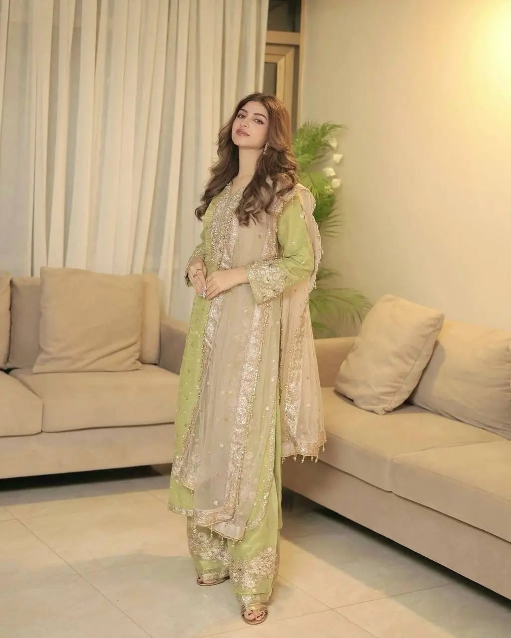 Orgenza silk Embroidered Palazzo Set with Diamond & Moti Handwork