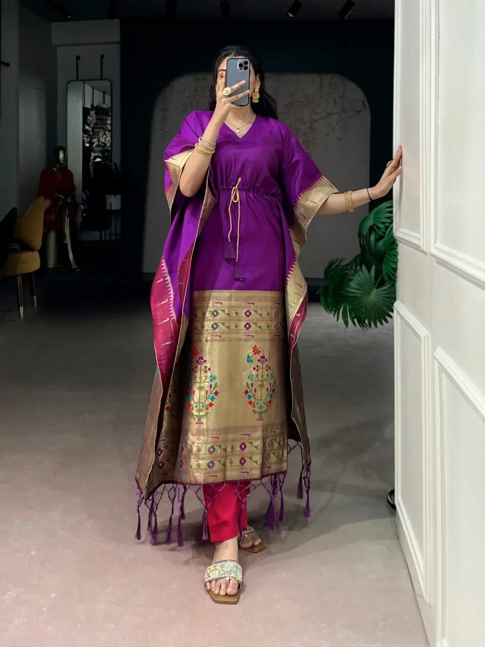 Paithani Style Jacquard Kaftan for Festive and Family Occasions