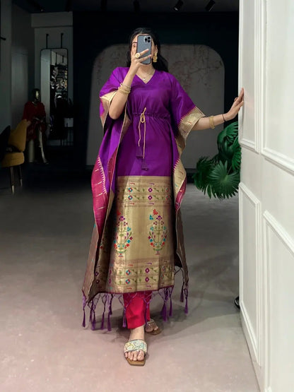 Paithani Style Jacquard Kaftan for Festive and Family Occasions