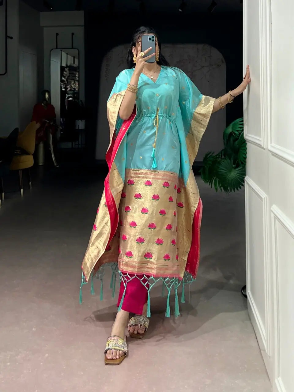 Paithani Style Jacquard Kaftan for Festive and Family Occasions