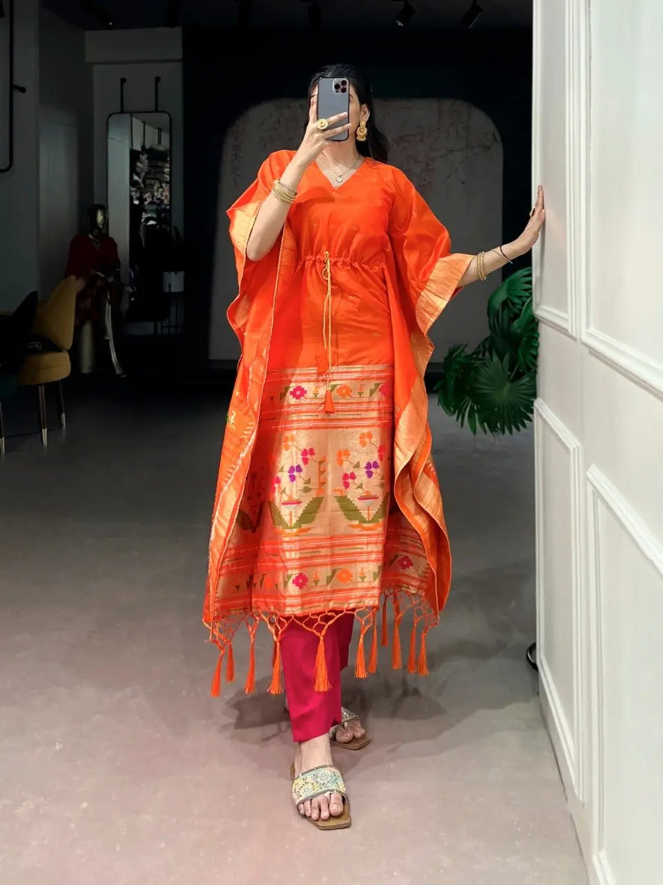 Paithani Style Jacquard Kaftan for Festive and Family Occasions