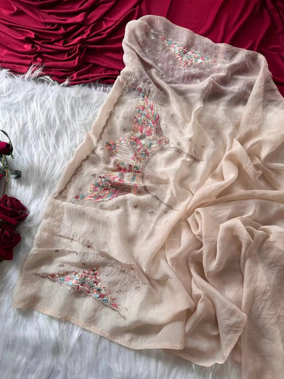 Pastel Embroidered Moss Chiffon Saree for Wedding and Festive Wear