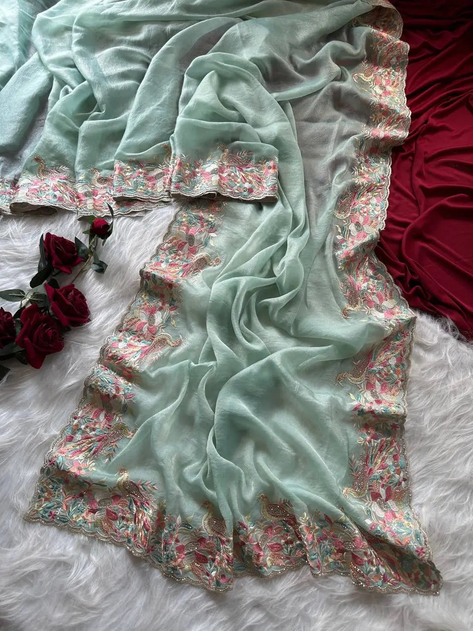 Pastel Embroidered Moss Chiffon Saree for Wedding and Festive Wear