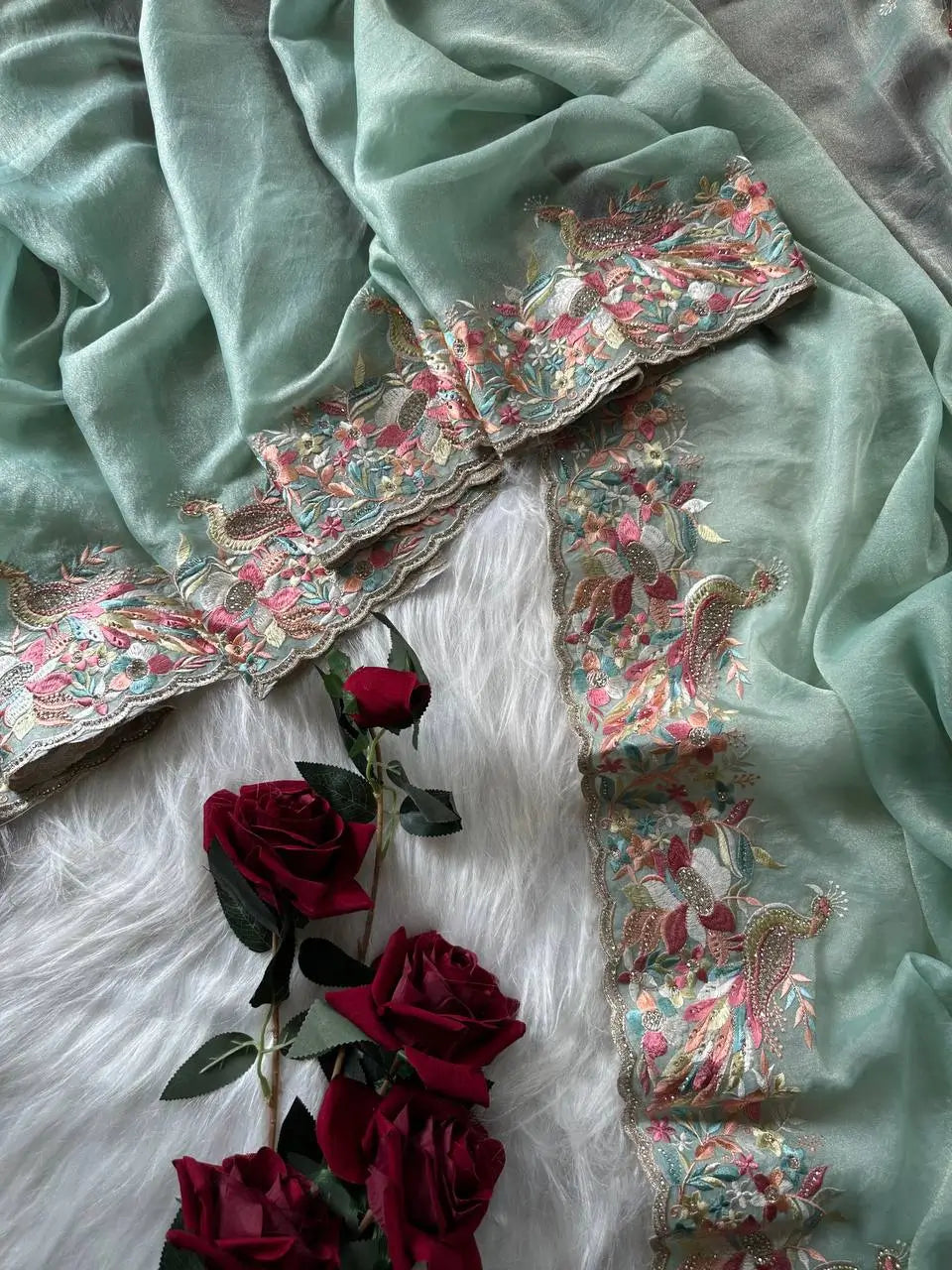 Pastel Embroidered Moss Chiffon Saree for Wedding and Festive Wear