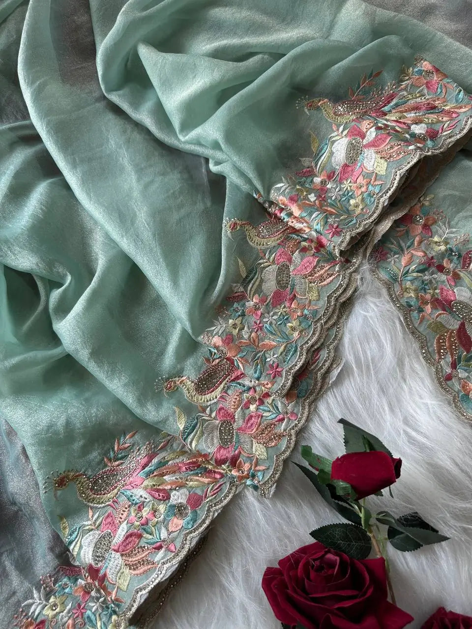 Pastel Embroidered Moss Chiffon Saree for Wedding and Festive Wear