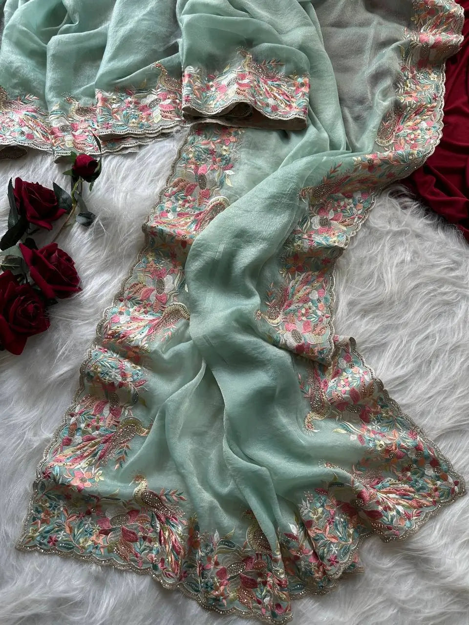 Pastel Embroidered Moss Chiffon Saree for Wedding and Festive Wear