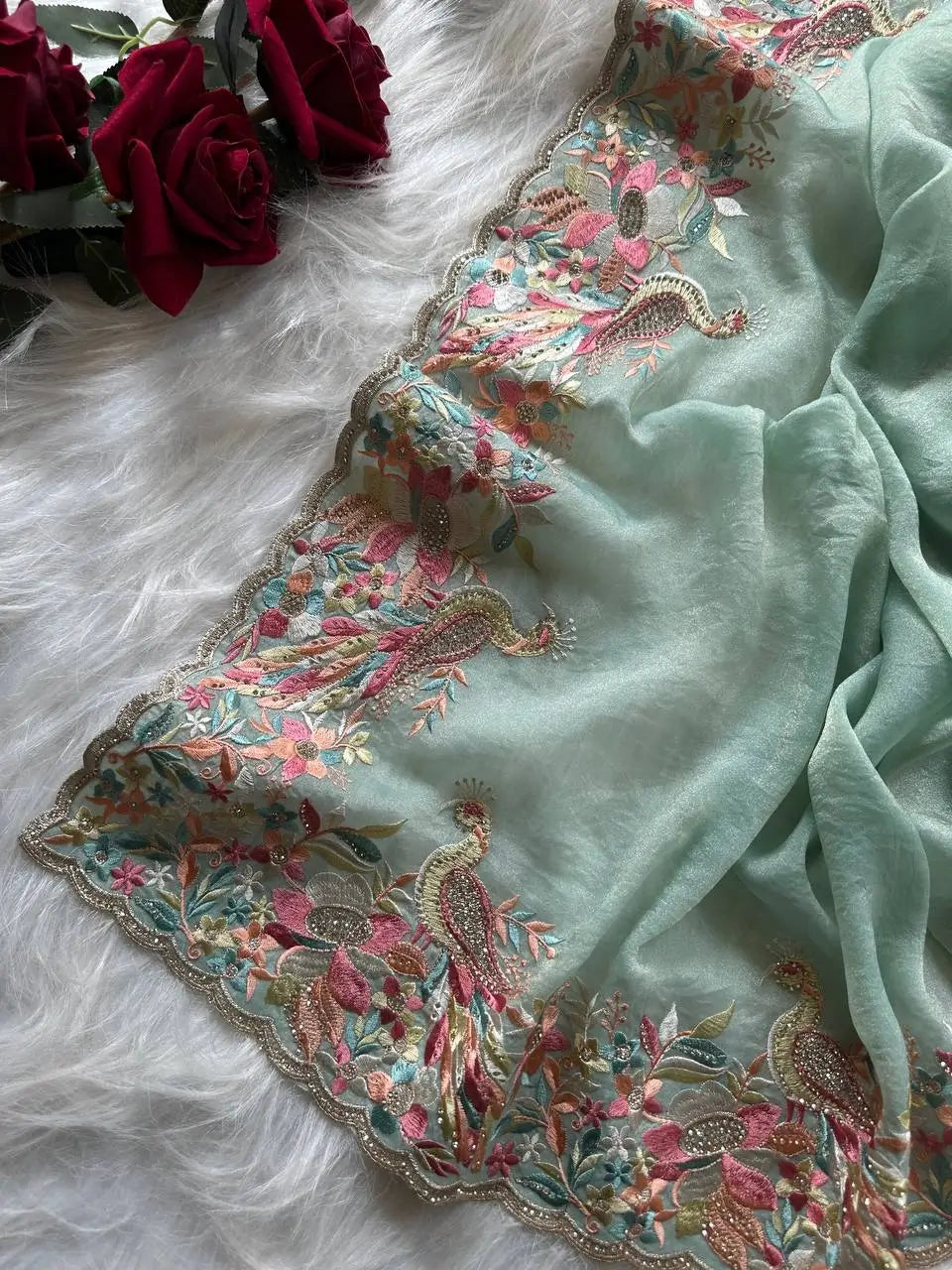 Pastel Embroidered Moss Chiffon Saree for Wedding and Festive Wear