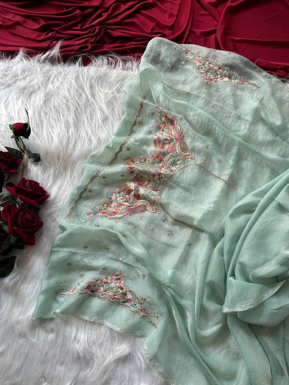 Pastel Embroidered Moss Chiffon Saree for Wedding and Festive Wear