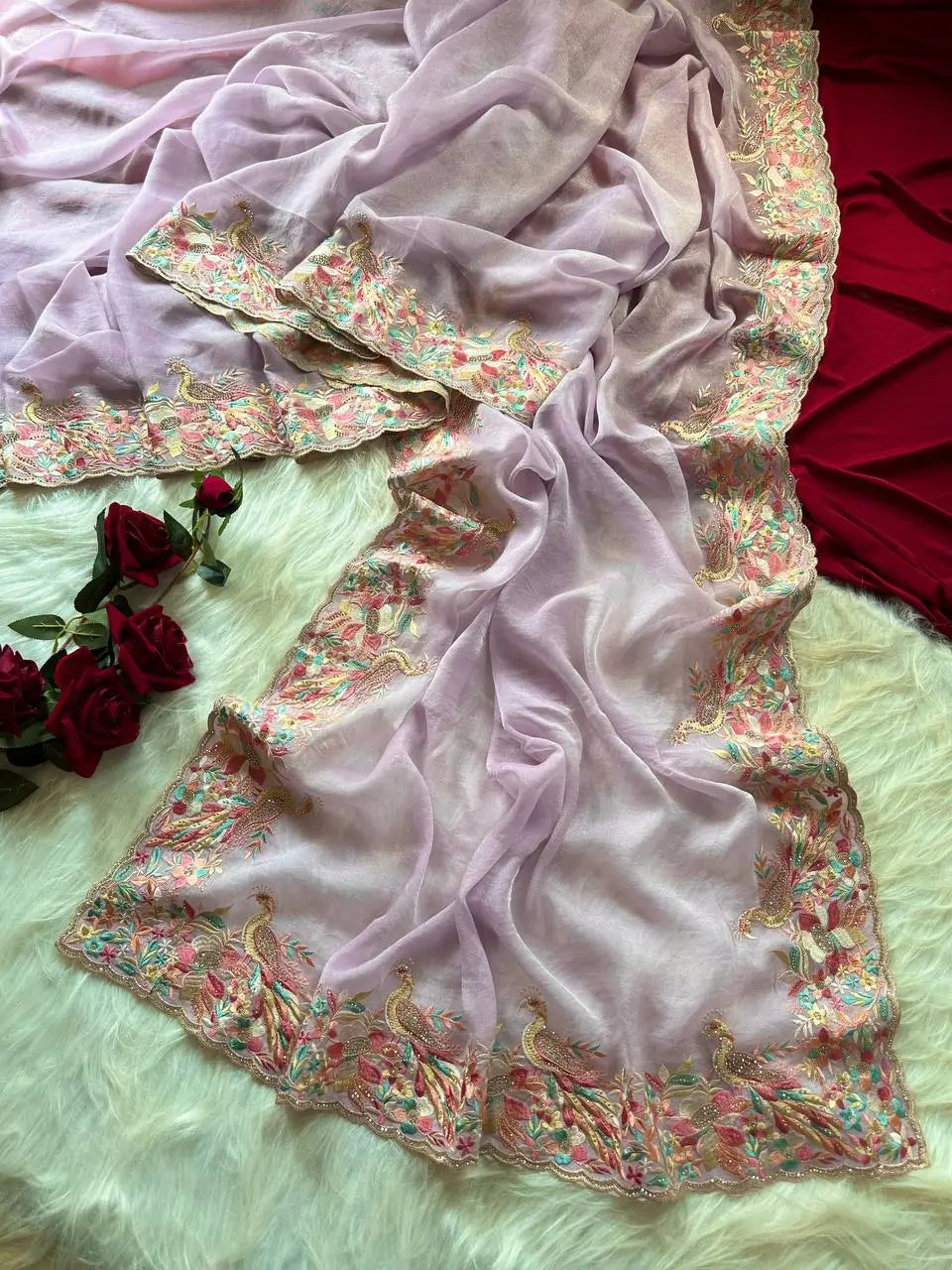 Pastel Embroidered Moss Chiffon Saree for Wedding and Festive Wear