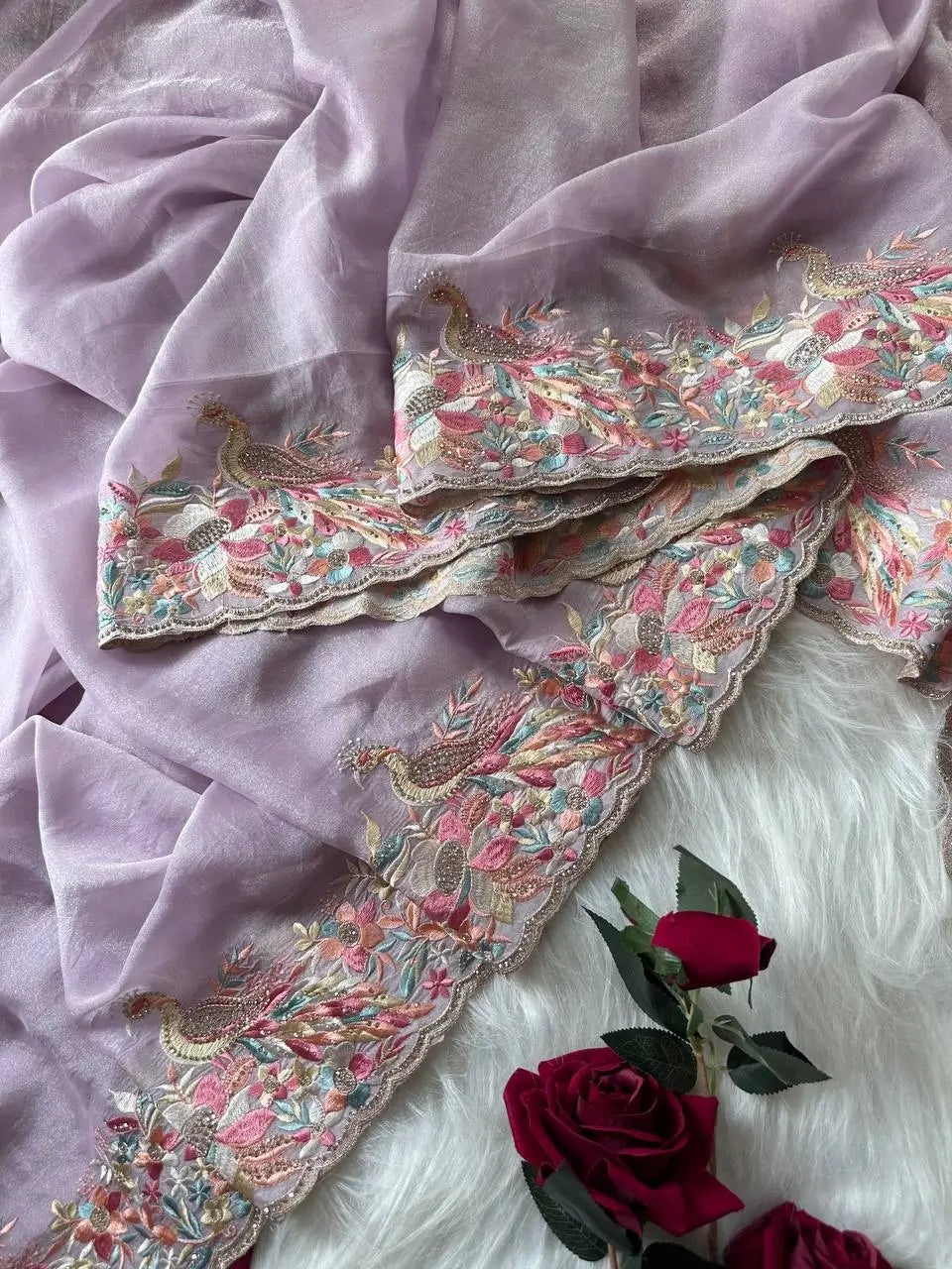Pastel Embroidered Moss Chiffon Saree for Wedding and Festive Wear