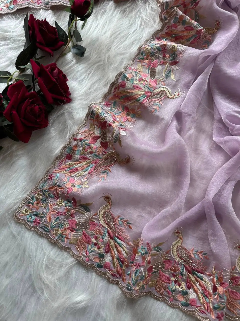 Pastel Embroidered Moss Chiffon Saree for Wedding and Festive Wear