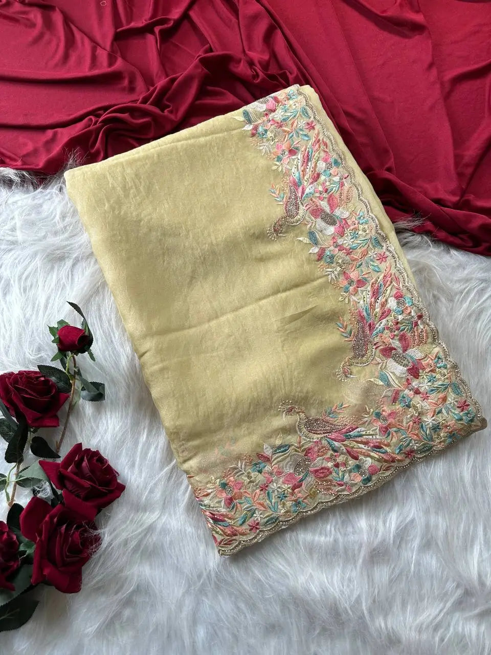 Pastel Embroidered Moss Chiffon Saree for Wedding and Festive Wear