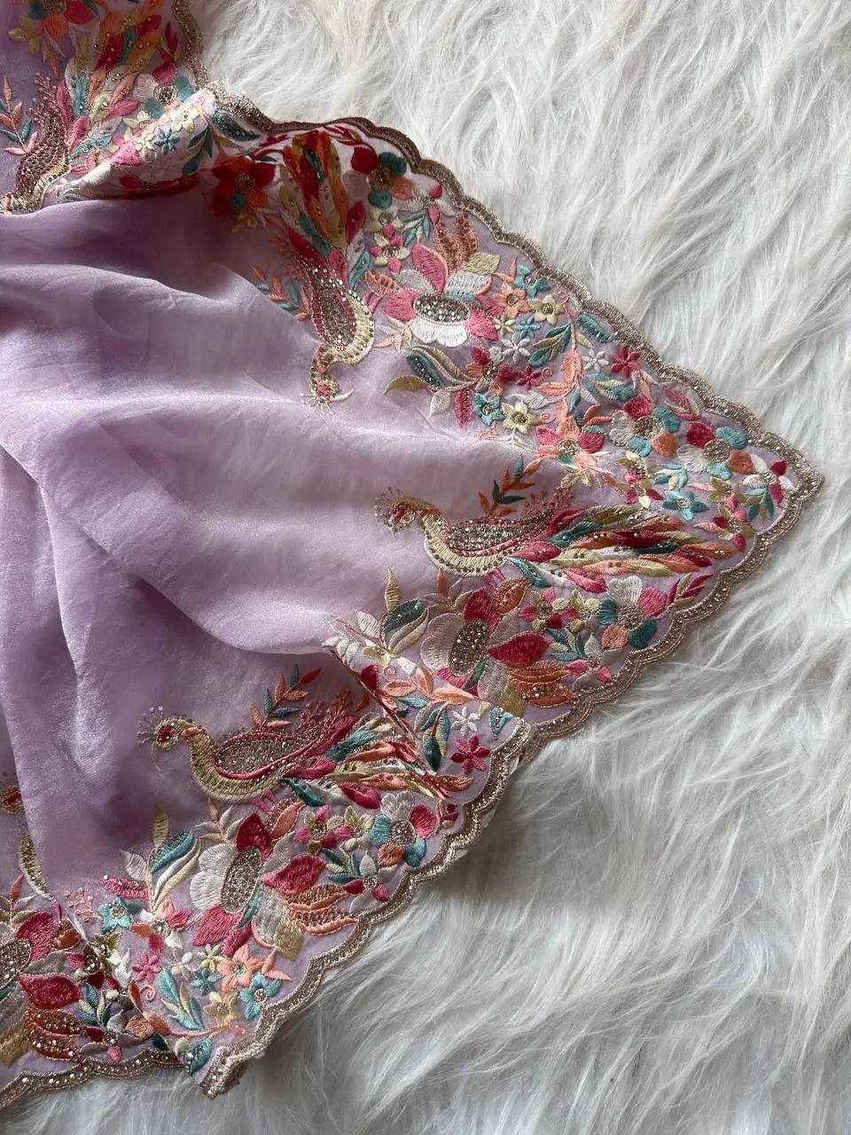 Pastel Embroidered Moss Chiffon Saree for Wedding and Festive Wear