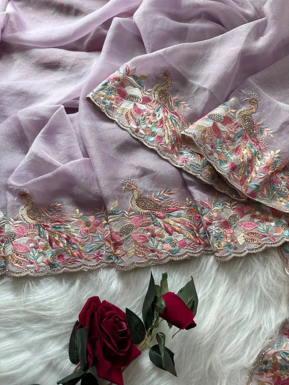 Pastel Embroidered Moss Chiffon Saree for Wedding and Festive Wear