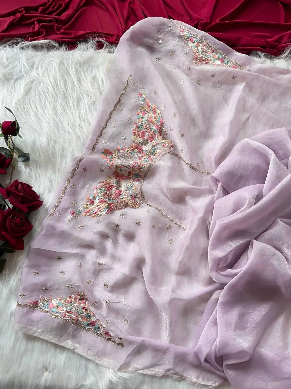 Pastel Embroidered Moss Chiffon Saree for Wedding and Festive Wear