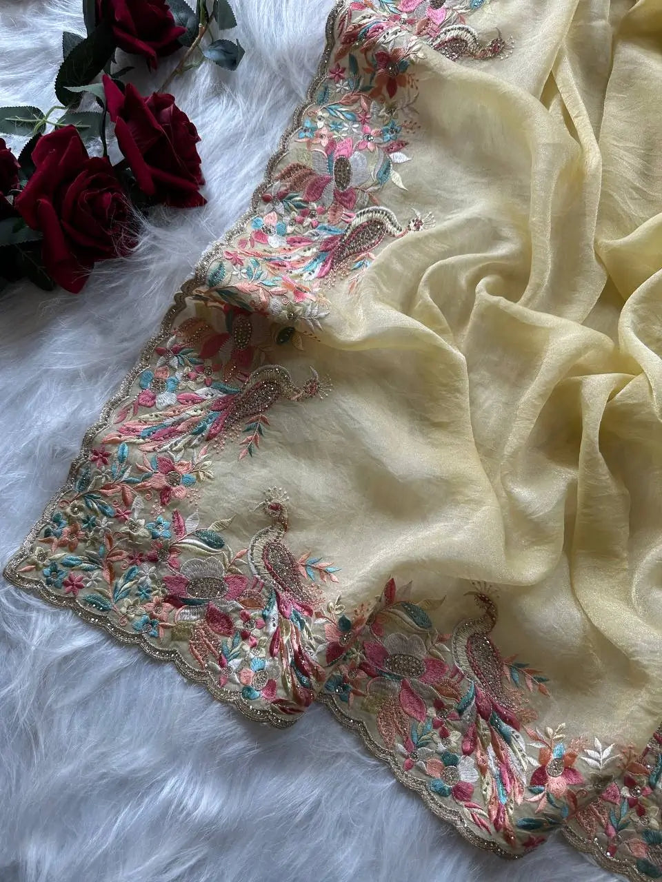 Pastel Embroidered Moss Chiffon Saree for Wedding and Festive Wear