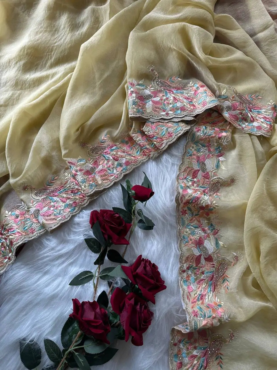 Pastel Embroidered Moss Chiffon Saree for Wedding and Festive Wear