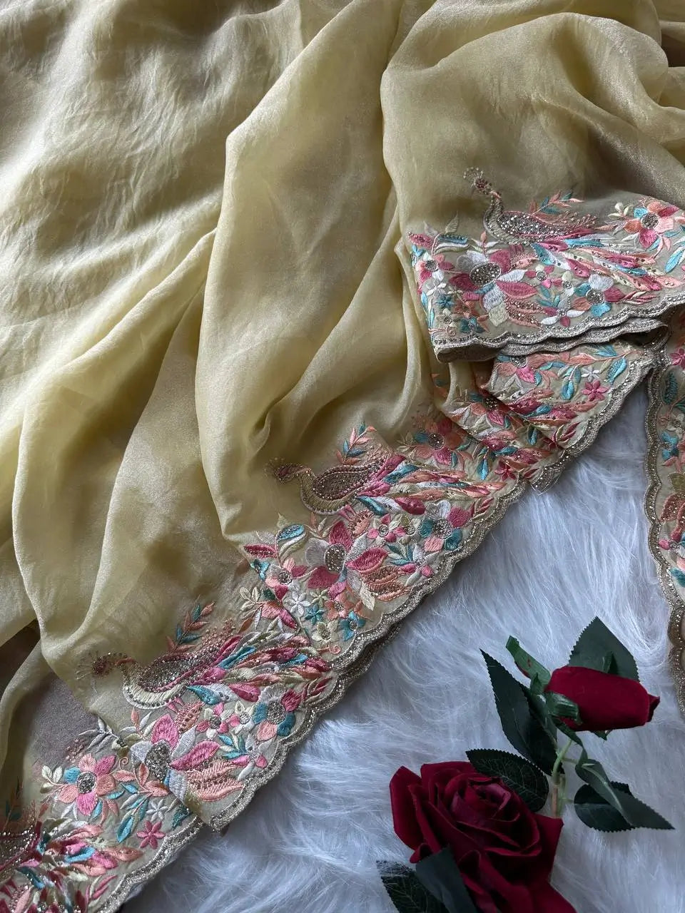 Pastel Embroidered Moss Chiffon Saree for Wedding and Festive Wear