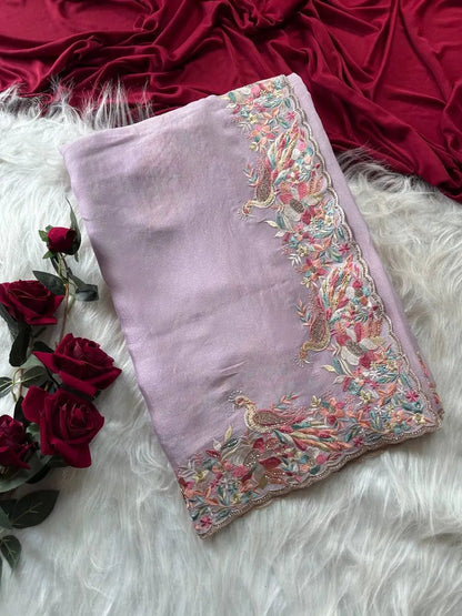 Pastel Embroidered Moss Chiffon Saree for Wedding and Festive Wear