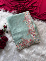 Pastel Embroidered Moss Chiffon Saree for Wedding and Festive Wear