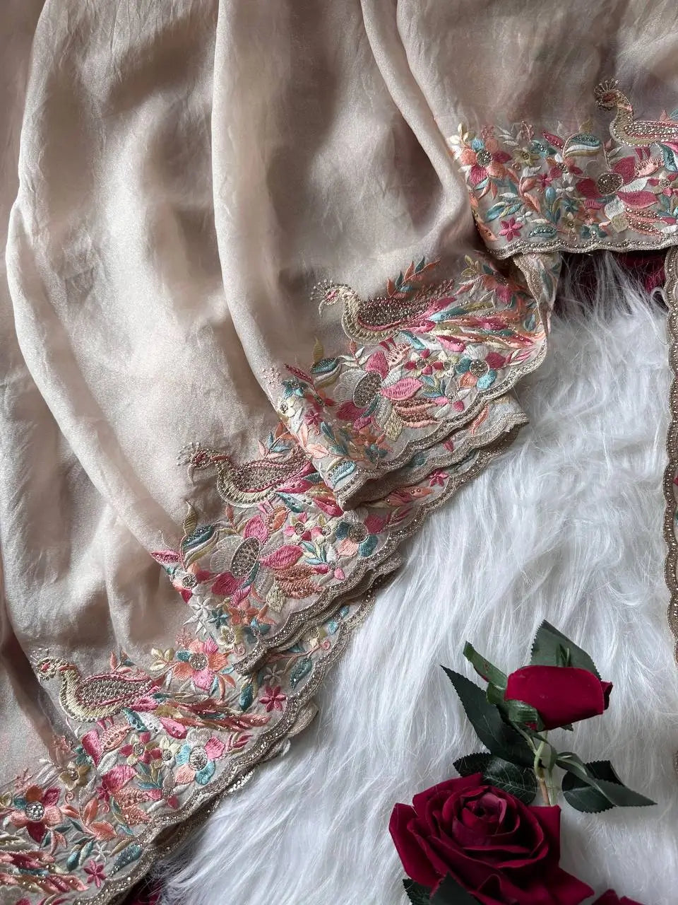 Pastel Embroidered Moss Chiffon Saree for Wedding and Festive Wear