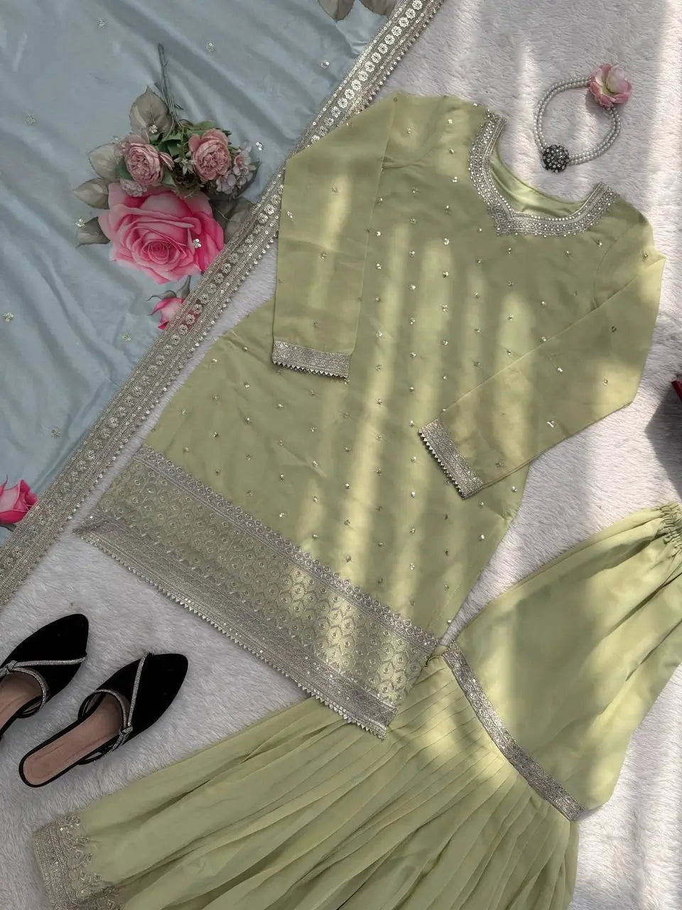 Pastel Floral Embroidered Sharara Suit Set