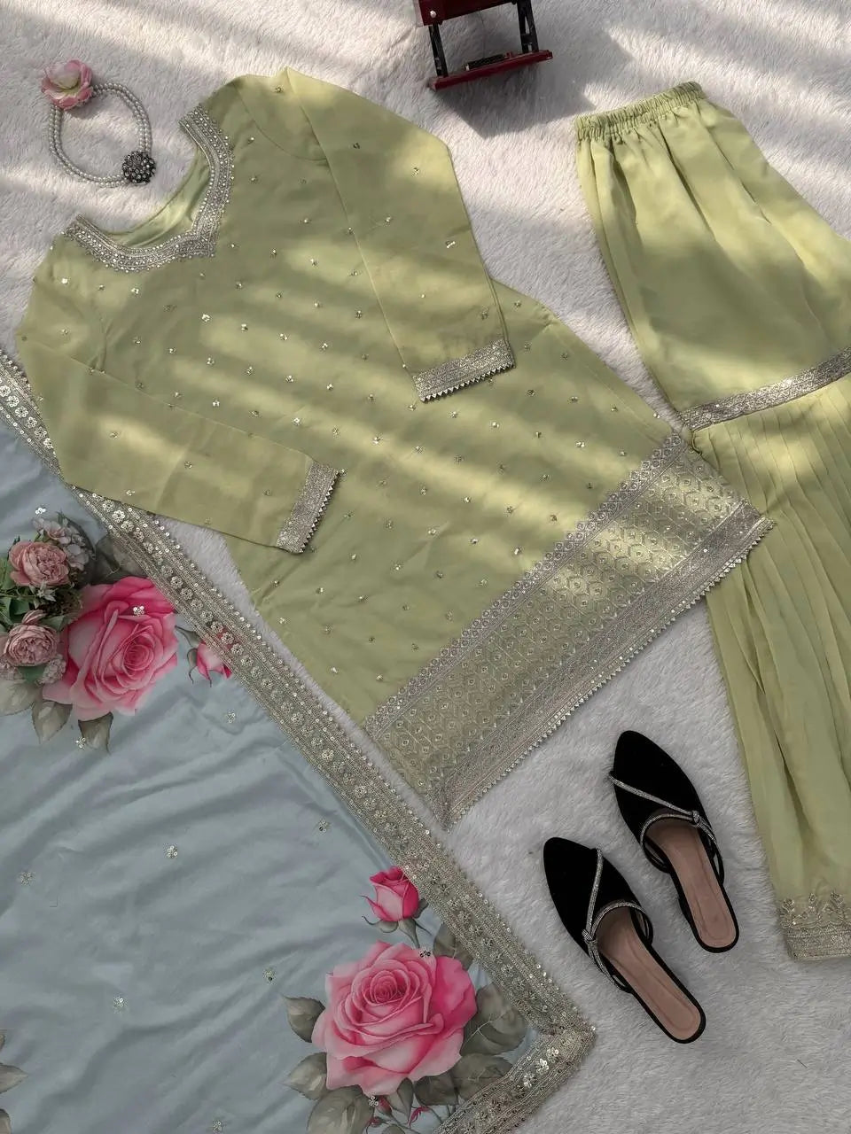 Pastel Floral Embroidered Sharara Suit Set