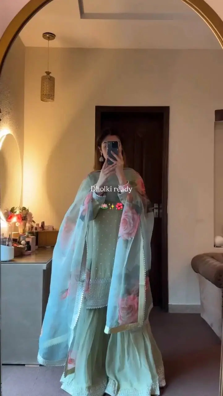 Pastel Floral Embroidered Sharara Suit Set
