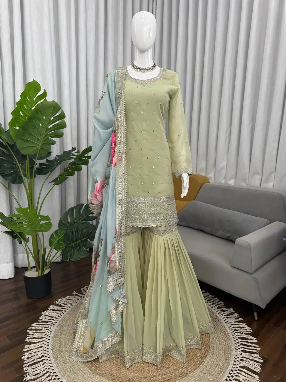 Pastel Floral Embroidered Sharara Suit Set