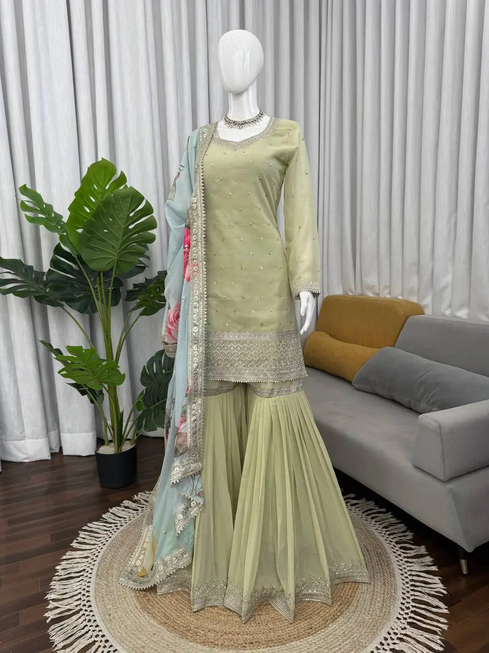 Pastel Floral Embroidered Sharara Suit Set