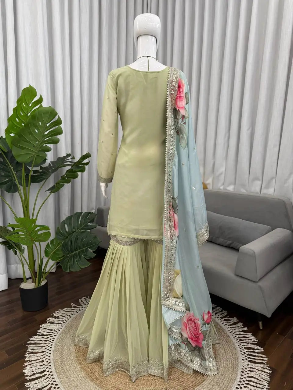 Pastel Floral Embroidered Sharara Suit Set