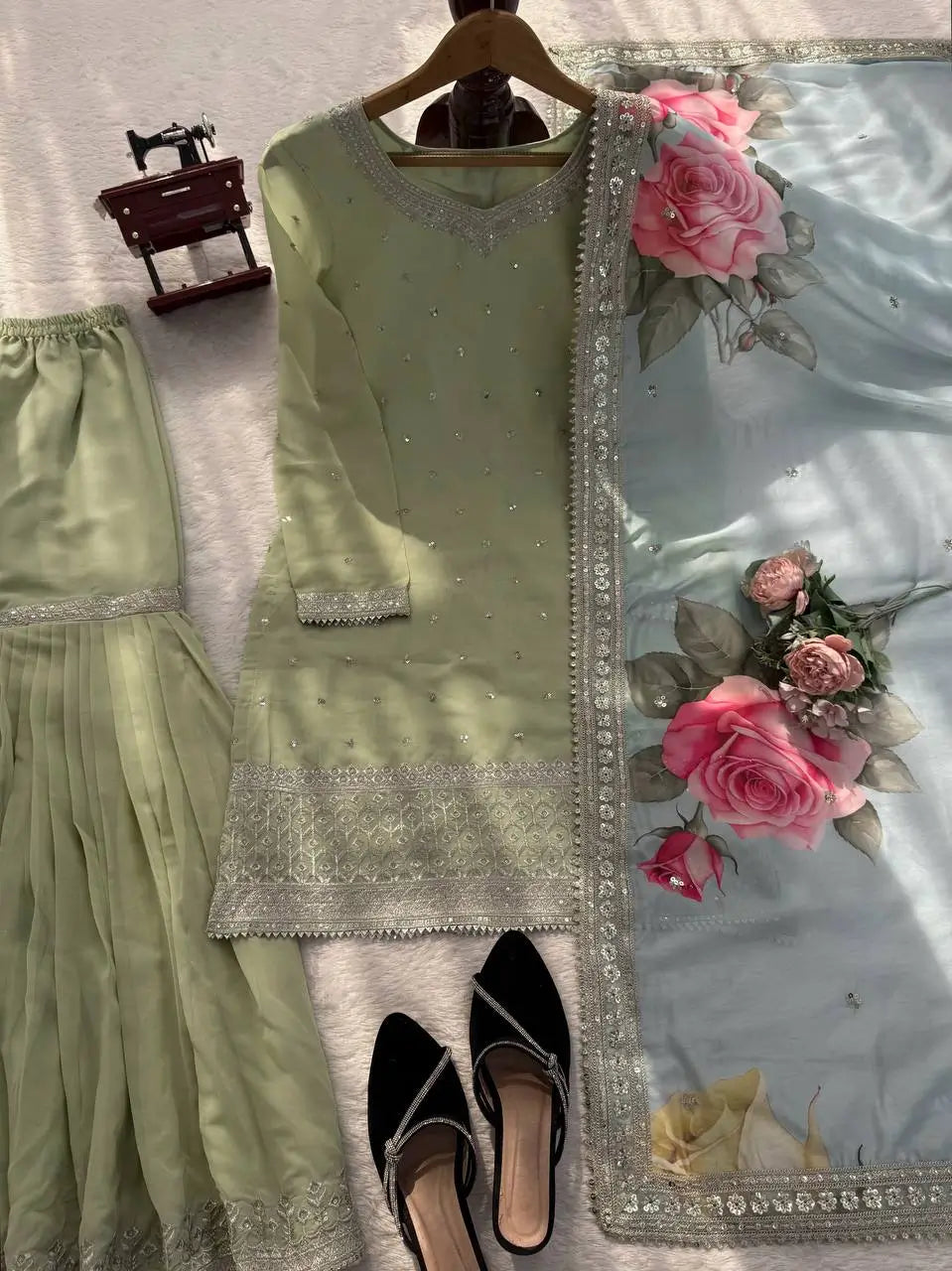 Pastel Floral Embroidered Sharara Suit Set