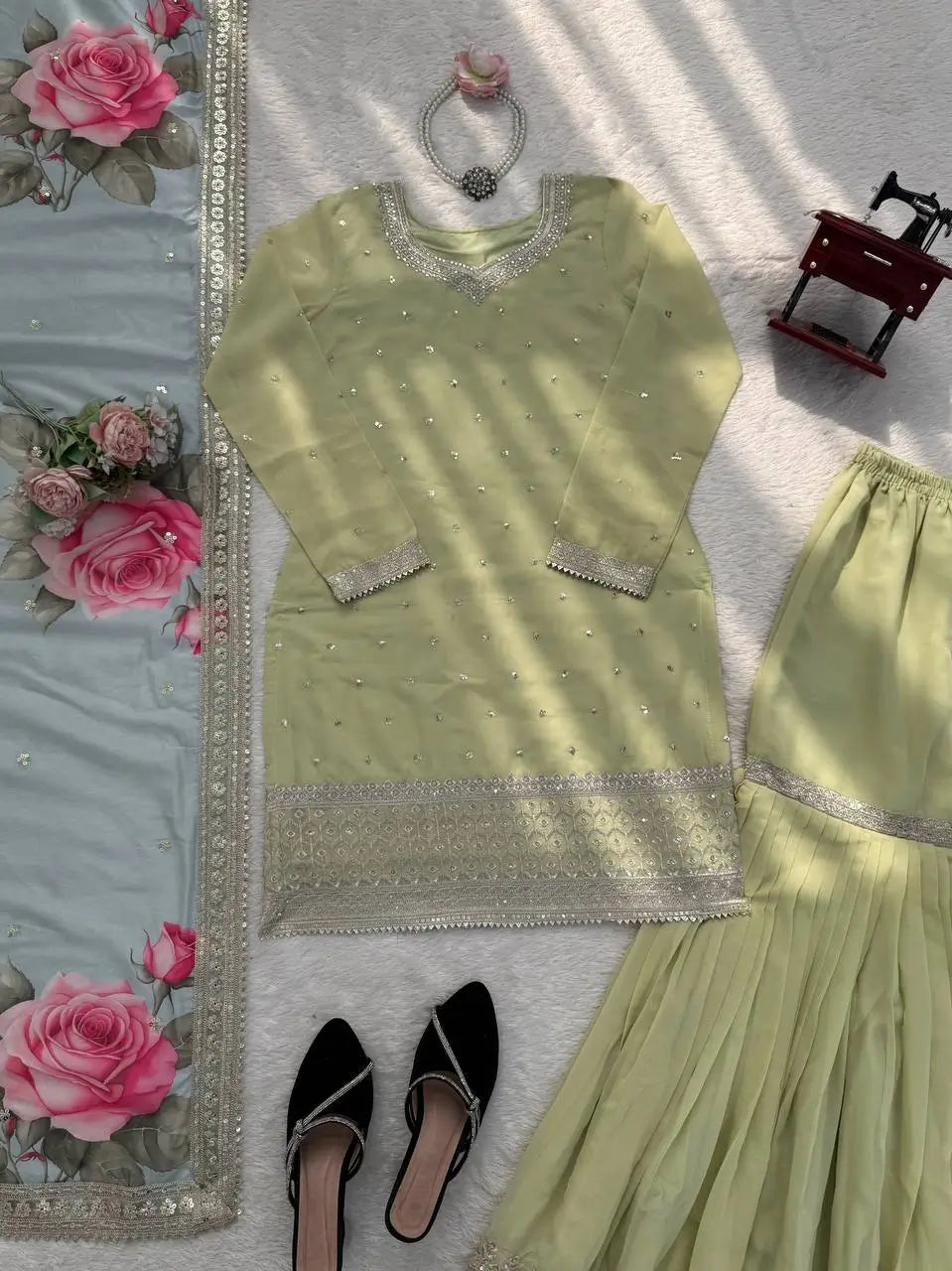 Pastel Floral Embroidered Sharara Suit Set