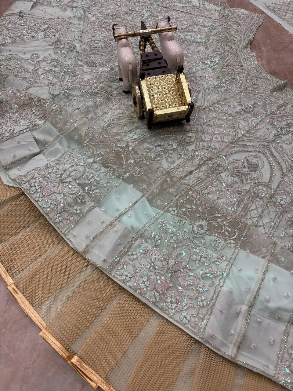Pastel Grey Embroidered Diamond Silk Lehenga Set