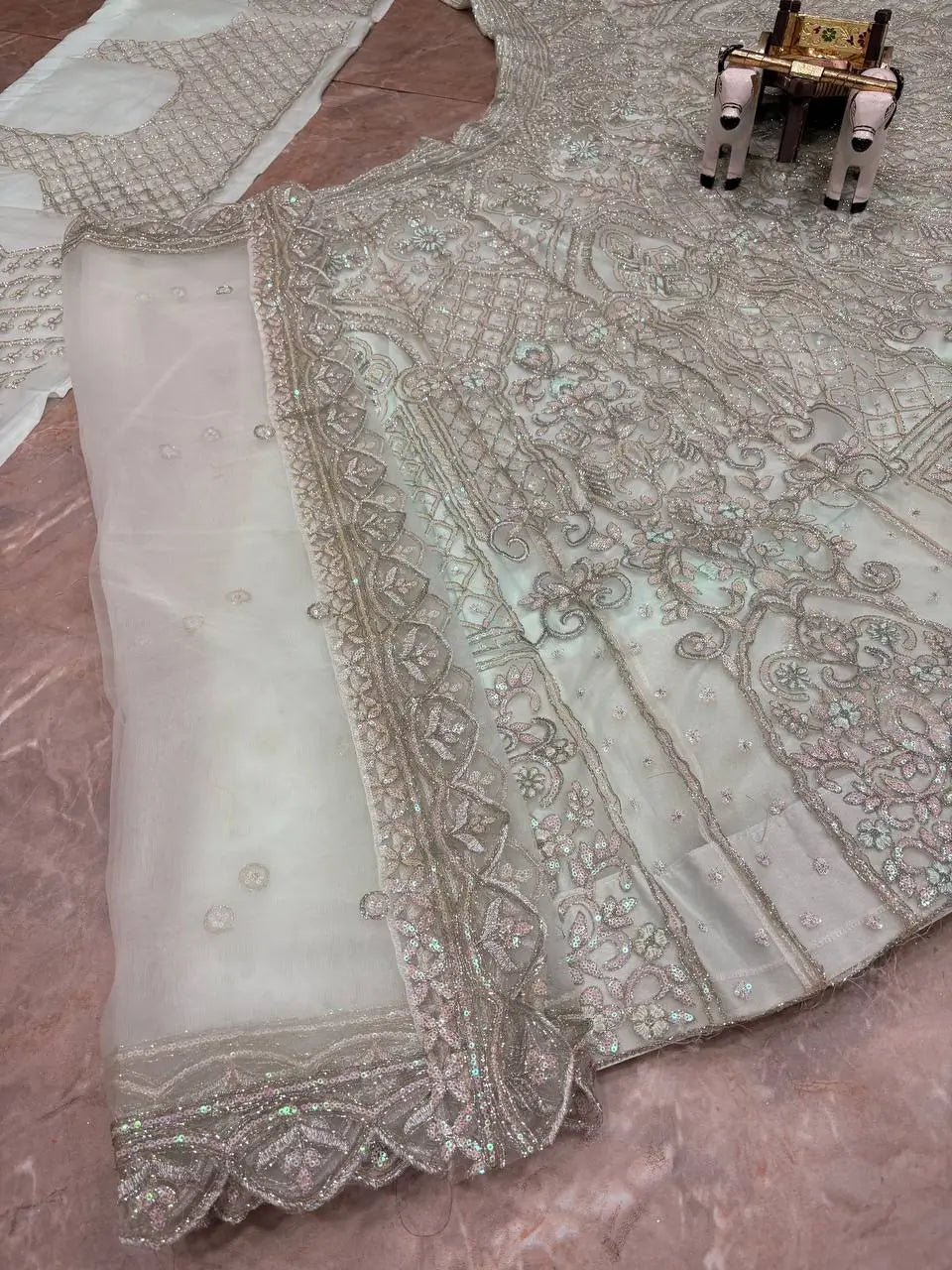 Pastel Grey Embroidered Diamond Silk Lehenga Set