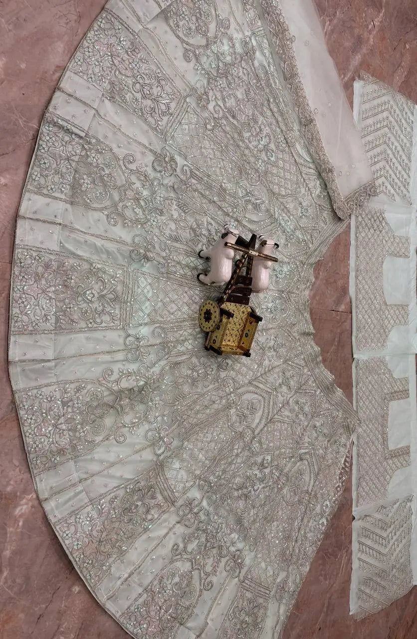 Pastel Grey Embroidered Diamond Silk Lehenga Set