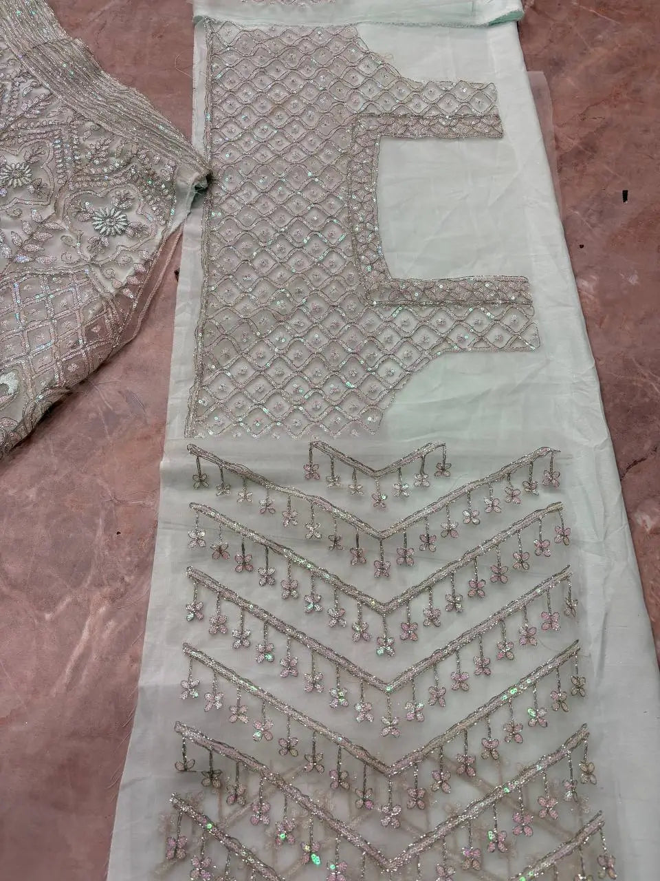 Pastel Grey Embroidered Diamond Silk Lehenga Set