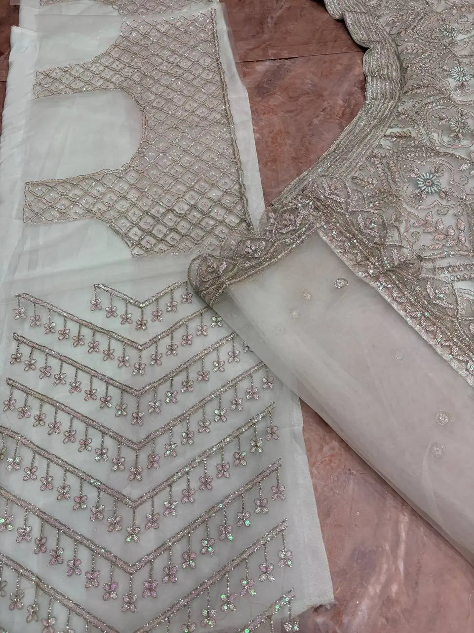 Pastel Grey Embroidered Diamond Silk Lehenga Set