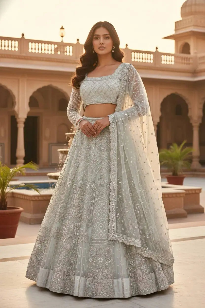 Pastel Grey Embroidered Diamond Silk Lehenga Set