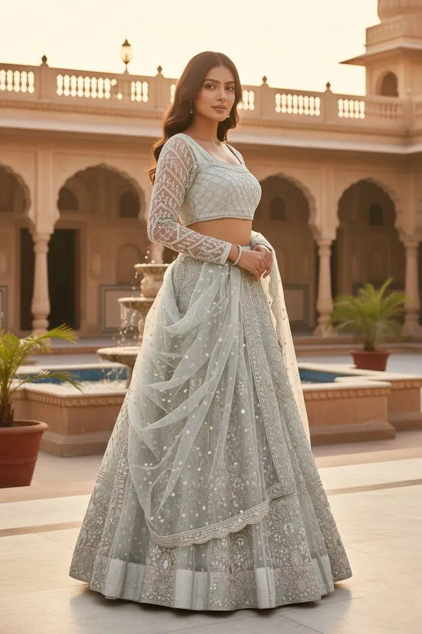 Pastel Grey Embroidered Diamond Silk Lehenga Set