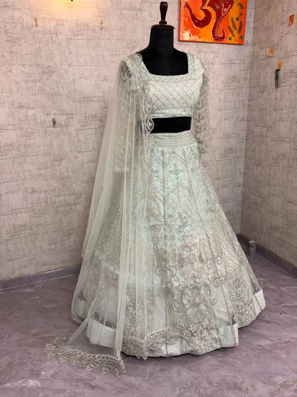 Pastel Grey Embroidered Diamond Silk Lehenga Set